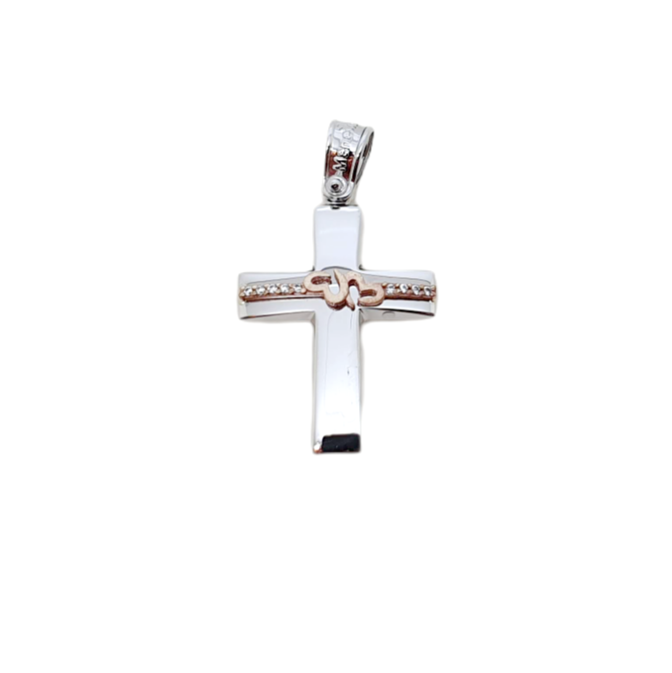 Croce in oro bianco k14 con due cuori (code A1669)